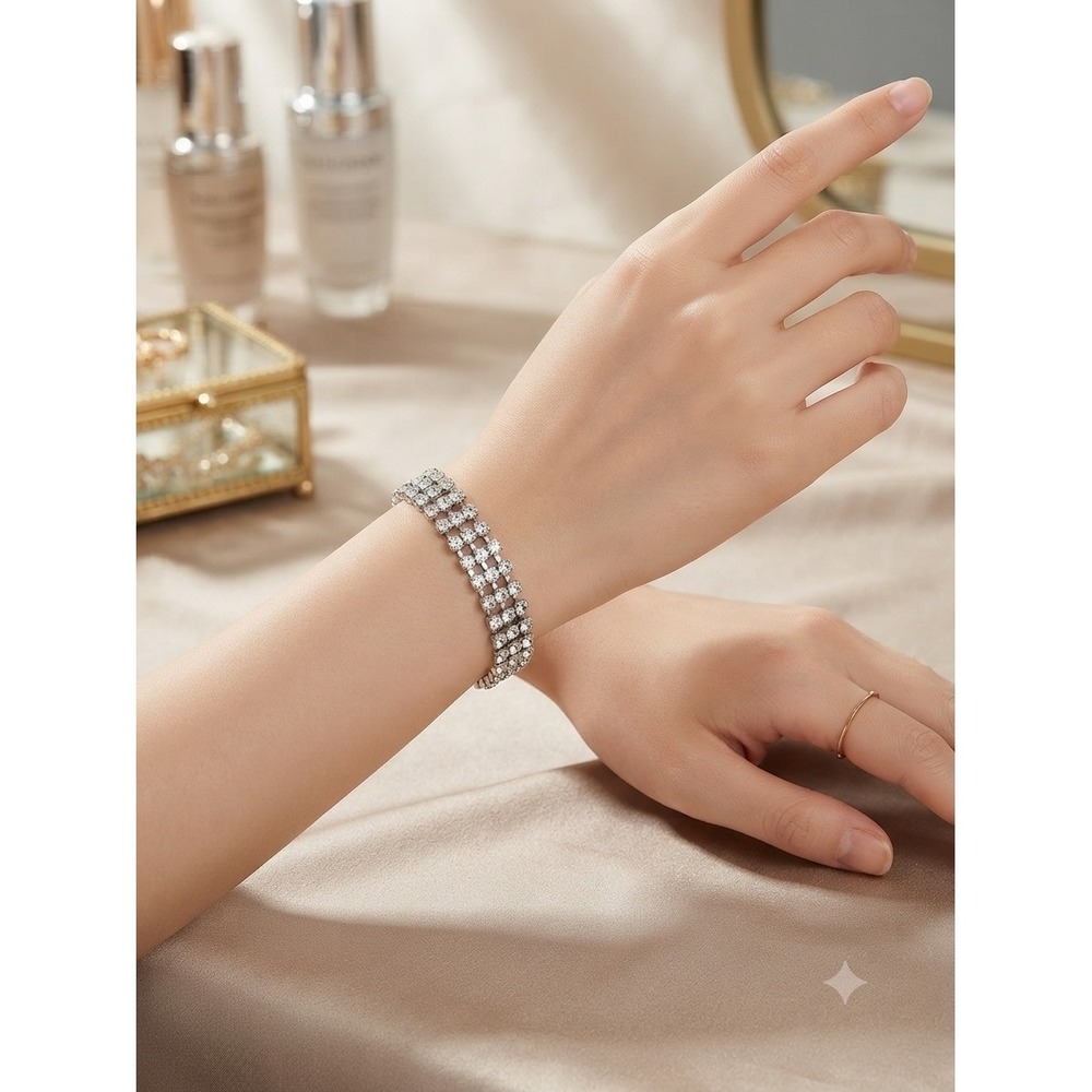 Vintage Style 3 Row Rhinestone Tennis‎ Bracelet Silver Tone Clear Crystal 7 Inch